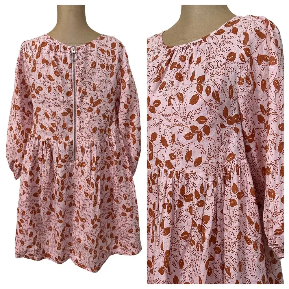 Free People Mini Dress Paper Hearts Pink Linen Long Sleeve Empire Waist
